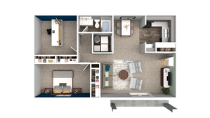 Modern open-concept floor plan showcasing 1 bedroom apartment with spacious living area, stylish kitchen, dedicated office space, and elegant bathroom.
