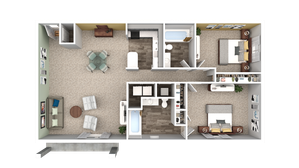 Modern floor plan showcasing a chic apartment with two spacious bedrooms, an open living area, stylish kitchen, and two sleek bathrooms.