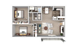 Modern 2D floor plan displaying two cozy bedrooms, a welcoming living area, sleek kitchen, and a stylish dining space.