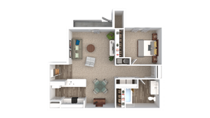 Modern 1-bedroom apartment floor plan with spacious living area, cozy kitchen, and elegant bathroom layout.