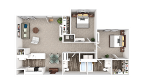 Contemporary floor plan showcasing 2 bedrooms, a spacious living room, modern kitchen, and elegant bathrooms with ample storage space.