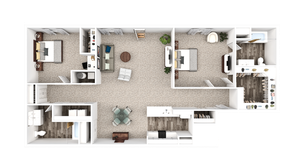 Inviting 2D floor plan showcasing 2 spacious bedrooms, a cozy living room, and a modern kitchen with dining area.