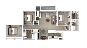 Modern apartment floor plan with two cozy bedrooms, spacious living area, stylish kitchen, and two bathrooms. Perfect blend of comfort and functionality.
