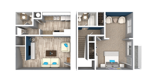 Modern two-level floor plan showcasing a cozy living room, stylish open kitchen, and spacious bedroom with an elegant en-suite bathroom.