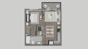 Modern 1-bedroom apartment floor plan with open living and dining area, sleek kitchen, and cozy balcony.