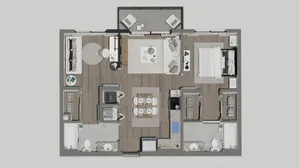 Sophisticated apartment floor plan with a modern layout featuring a spacious living area, elegant dining space, stylish bedroom, contemporary kitchen, and two luxurious bathrooms.