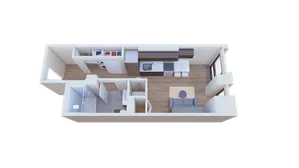 Modern 3D floor plan showcasing an open-concept apartment with a sleek kitchen, stylish living area, and contemporary bathroom.