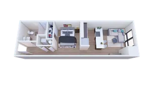 Chic 3D floor plan showcasing a modern one-bedroom apartment with open-concept living area, sleek kitchen, and cozy bedroom.