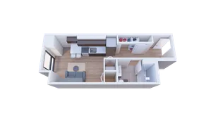 Modern 3D apartment layout with a sleek kitchen, cozy living area, and compact bathroom design.