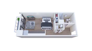 Modern one-bedroom apartment layout featuring a cozy living room with large windows, a stylish bedroom, and a compact bathroom.
