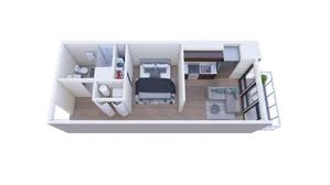 Modern 3D floor plan of a chic studio apartment featuring an open-concept living area, cozy bedroom, and sleek kitchen with large windows.