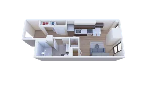 Modern 3D floor plan showcasing a one-bedroom apartment with an open-concept living area, sleek kitchen, and stylish bathroom.