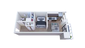 Modern 3D floor plan featuring a cozy bedroom, sleek kitchen, and inviting living area with abundant natural light.