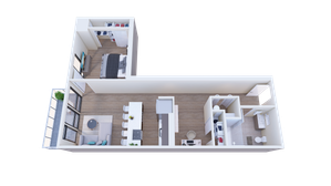 Contemporary 3D floor plan highlighting a spacious layout with a bedroom, modern kitchen, cozy living area, and sleek bathroom. Floor-to-ceiling windows offer abundant natural light.