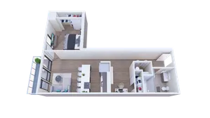 Modern 3D floor plan featuring a spacious layout with a large living area, stylish kitchen island, and cozy bedroom spaces, perfect for contemporary living.