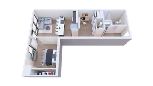 Modern L-shaped floor plan featuring a cozy living room, stylish kitchen with island seating, spacious bedroom, and elegant bathroom.