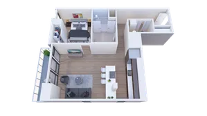 Modern 3D floor plan showing a stylish one-bedroom apartment with open-concept living and dining area, sleek kitchen, and large windows for natural light.
