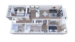 Modern 3D floor plan showcasing a bright apartment with two bedrooms, open living area, and stylish kitchen, ideal for contemporary living.