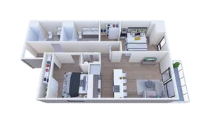Modern 3D apartment floor plan with two bedrooms, open kitchen, elegant living area, and two bathrooms, showcasing sleek design and spacious layout.