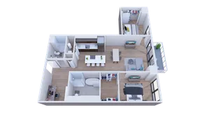 Modern 3D floor plan showcasing a spacious apartment with 2 bedrooms, open-concept living and dining area, stylish kitchen with island, and a cozy balcony view.
