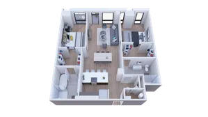 Modern 3D floor plan showcasing two spacious bedrooms, a cozy living area, and a sleek open kitchen design.
