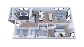 3D floor plan showcasing a modern 2-bedroom apartment with open-concept living room, stylish kitchen, and two sleek bathrooms.