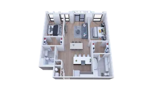 Modern 3D apartment floor plan showcasing 2 bedrooms, open living and dining area, contemporary kitchen, and two bathrooms.