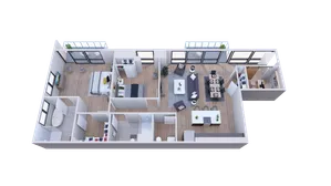 Modern 3D floor plan showcasing a master bedroom with ensuite, stylish open-plan kitchen and dining area, spacious living room, and inviting balcony access.