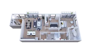 Modern apartment floor plan featuring an open living and dining area, two elegant bedrooms, and a sleek kitchen.