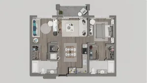Modern 2D floor plan featuring a luxurious bedroom, spacious living area, chic kitchen, and two elegant bathrooms with stylish finishes.