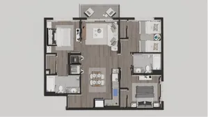 Modern 2D floor plan illustrating a spacious layout with 3 bedrooms, cozy living room, dining area, and two stylish bathrooms.