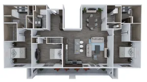 Unit H2 3D floor plan highlighting 3 bedrooms, elegant open-concept living and dining areas, and modern kitchens in 2,088 sq. ft.