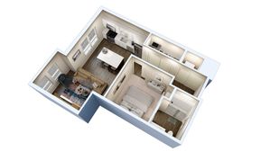 Modern 3D apartment layout showcasing a cozy bedroom, sleek open-plan kitchen, and inviting living area with stylish furnishings.