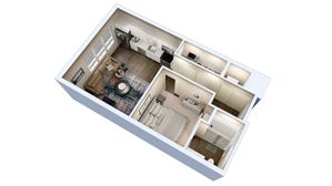 Modern 3D apartment layout featuring a cozy living room, sleek kitchen, spacious bedroom, and elegant bathroom with wood flooring.