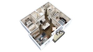Modern 3D apartment layout featuring two cozy bedrooms, a stylish kitchen with an island, an open-plan living area, and a charming balcony.