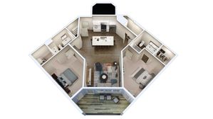 Modern 3D floor plan with two bedrooms, open-concept kitchen, and stylish living area leading to a spacious balcony.