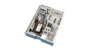 Modern 3D floor plan featuring a cozy living area, sleek kitchen, elegant bedroom, and stylish bathroom.