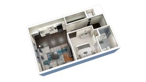 Modern apartment 3D floor plan showcasing a cozy bedroom, sleek bathroom, open-concept kitchen, and inviting living area with stylish decor.