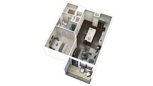 Modern apartment layout featuring a cozy bedroom, sleek bathroom, gourmet kitchen, open living area, and a stylish balcony.