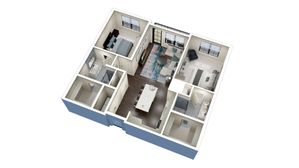Modern 3D floor plan showcasing two cozy bedrooms, an elegant living room, and a stylish kitchen with contemporary design.
