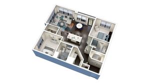 Modern 3D floor plan showcasing a spacious two-bedroom apartment with an open-concept living room, elegant dining area, and sleek kitchen island, ideal for contemporary living.