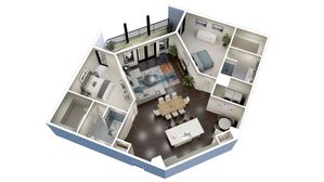 Modern 3D floor plan showcasing open-concept living area, two cozy bedrooms, spacious dining room, and a sleek kitchen with a breakfast bar.