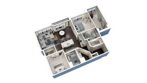 Elegant 3D floor plan showcasing a modern apartment with two bedrooms, a spacious living area, and a sleek open kitchen.