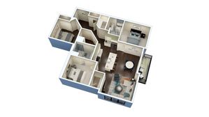 Modern 3D floor plan showcasing a chic apartment with 2 bedrooms, an open living area, a contemporary kitchen with island, and a private balcony.