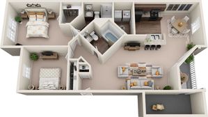 Elegant 3D floor plan showcasing two spacious bedrooms, modern kitchen with island seating, cozy living area, and two bathrooms, perfect for comfortable living.