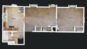 Contemporary 2D floor plan showcasing a cozy 1-bedroom apartment featuring a spacious living room, well-designed kitchen, and convenient bathroom, complemented by ample closet space.