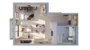 Contemporary studio apartment floor plan featuring a cozy bedroom with natural light, open-concept living and dining area, modern kitchen, and sleek bathroom design.
