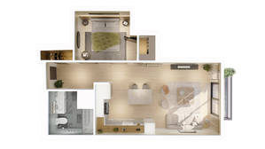 Chic 1-bedroom floor plan showcasing an open-plan living area with a sleek kitchen island and a sunlit lounge, complemented by modern decor and lush greenery.