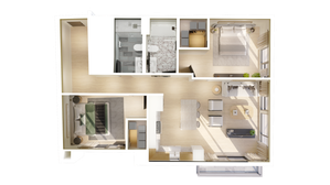 Modern 3D floor plan showcasing 2 bedrooms, an elegant open-concept living and dining area, and a sleek kitchen bathed in natural light.