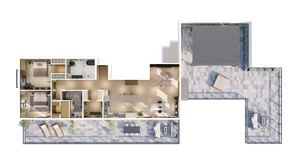 Elegant 2D floor plan showcasing a luxurious two-bedroom apartment with open living spaces, modern kitchen, and expansive terrace featuring outdoor seating and dining areas.